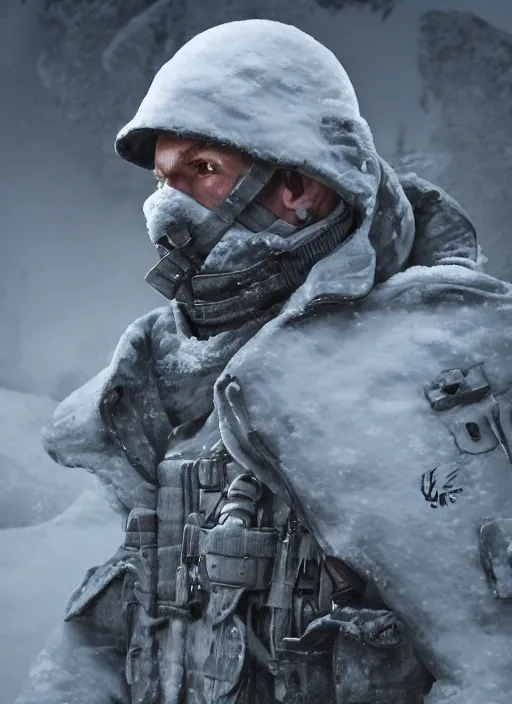 Image similar to the Cold War soldier, snow, ultra realist and ultra intricate detailed, sensual gloomy style, volumetric lighting, artstation, unreal render, depth of field