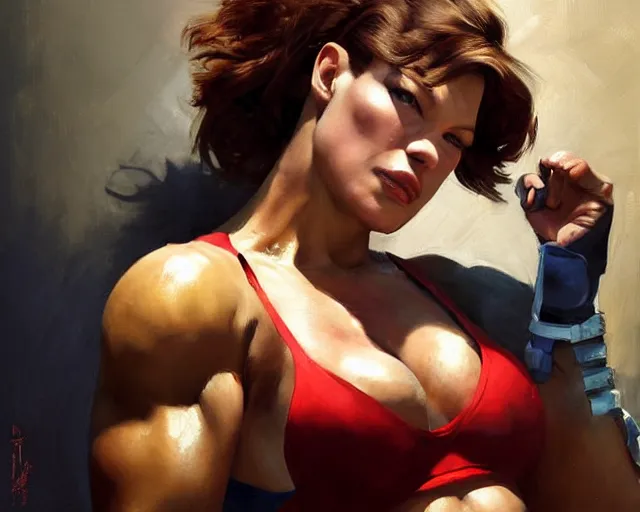 Image similar to greg manchess portrait painting of milla jovovich as beautiful thick female bodybuilder champion zarya from overwatch, medium shot, asymmetrical, profile picture, organic painting, sunny day, matte painting, bold shapes, hard edges, street art, trending on artstation, by huang guangjian and gil elvgren and sachin teng