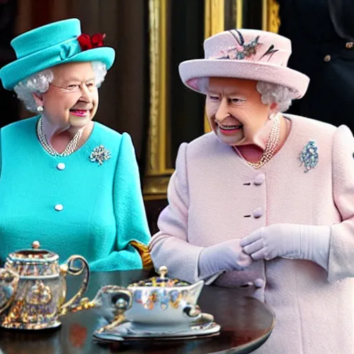 Image similar to queen elizabeth drinking tea with piero angela