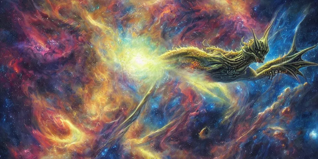 Image similar to an alien dragon flying through outer space, epic nebula, dan seagrave art