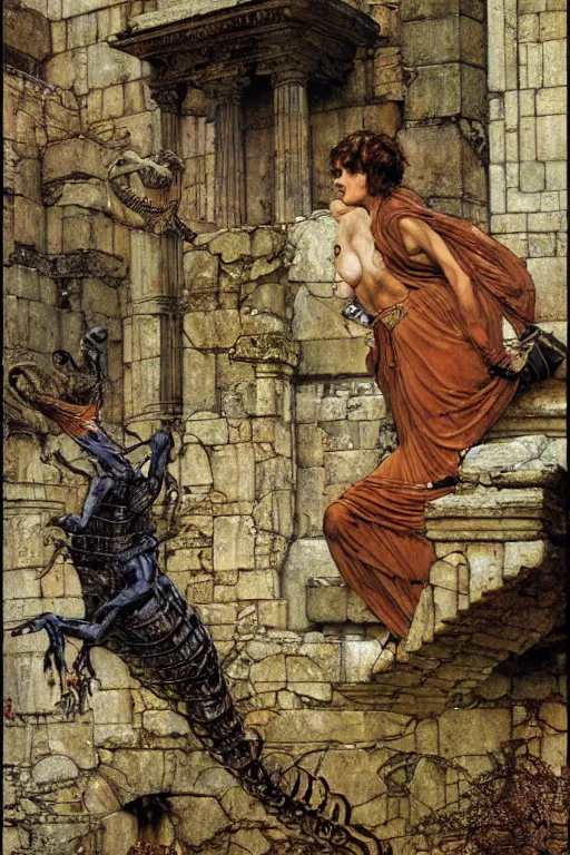 Prompt: basilisk at stone ruins by lawrence alma tadema and rick berry and norman rockwell and jason fabok and greg staples and nc wyeth