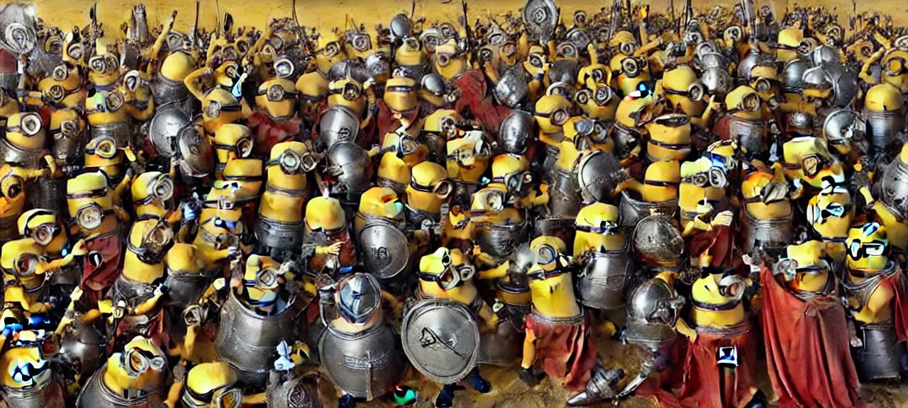 Prompt: Minions Burgundian Deus Vult Crusade in the style of Jan van Eyck