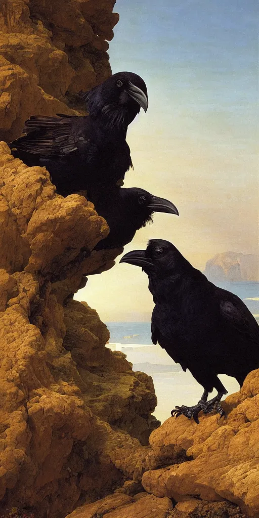 Image similar to a breathtakingly stunningly beautifully highly detailed close up portrait of a raven under a rock arch, epic coves crashing waves plants, beautiful clear harmonious composition, wonderful strikingly beautiful serene sunset, detailed organic textures, by frederic leighton and rosetti and turner and eugene von guerard, 4 k