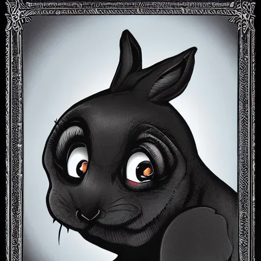 Image similar to A extremely highly detailed majestic hi-res beautiful, highly detailed head and shoulders portrait of a scary terrifying, horrifying, creepy black cartoon rabbit with scary big eyes, earing a shirt laughing, hey buddy, let's be friends, in the retro art style of Walt Disney