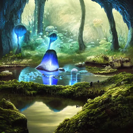 Prompt: a mystical cave with glowing blue mushrooms, still water calm as a mirror, dark rocks, shadows, mossy ground, atmospheric, butterflies, misty, masterpiece, very detailed, cold blue light, trending on artstation, hyperrealistic, painted by Jessiah Thomason