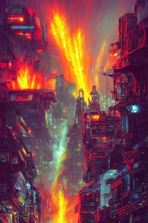 Image similar to a cyberpunk city in the crater of a volcano, lava flowing, smoke, fire, neon, clubs, industrial, by paul lehr, jesper ejsing