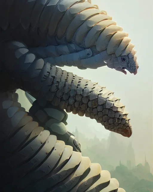 Image similar to highly detailed vfx portrait of a cyborg pangolin. wearing white and gold scaled armor. unreal engine, greg rutkowski, loish, rhads, beeple, makoto shinkai and lois van baarle, ilya kuvshinov, rossdraws, tom bagshaw, alphonse mucha, global illumination, detailed and intricate environment