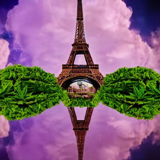 Image similar to the Eiffel tower is made of marijuana, professional film photography, purple bubbly clouds in the background, masterpiece, rule of thirds, gorgeous composition, striking and stunning visuals