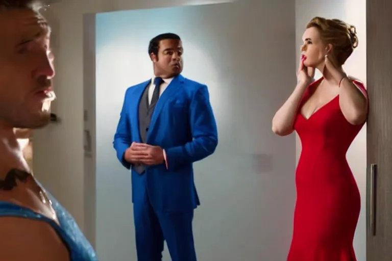 Image similar to full body film still of a man longingly looking at a woman in a red dress as a woman in a blue dress looks disgusted at the man in the new romance comedy movie, dramatic angle, dramatic lighting, meme