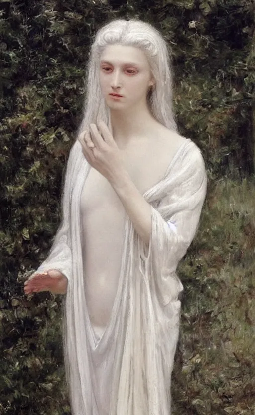 Image similar to say who is this with silver hair so pale and wan! and thin? female angel in white robes flowing hair body, white dress!! of silver hair, covered!!, clothed!! lucien levy - dhurmer, fernand keller, oil on canvas, 1 8 9 6, 4 k resolution, aesthetic, mystery