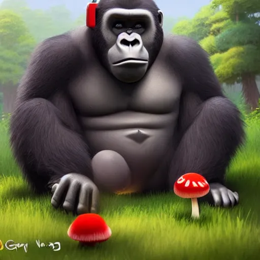 Image similar to a wholesome animation key shot of a gorilla holding a very small red mushroom, chilled out smirk on face, listening to music, jeep in background, studio ghibli, pixar and disney animation, sharp, rendered in unreal engine 5, anime key art by greg rutkowski, bloom, dramatic lighting