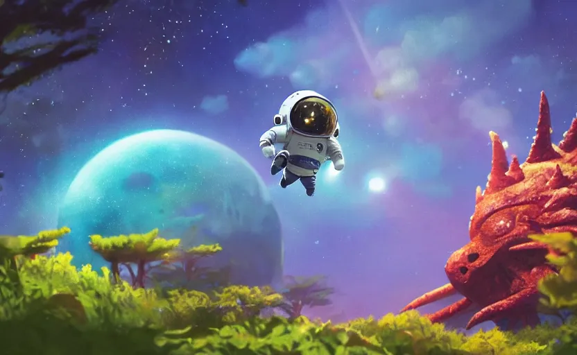 Image similar to a still of a cute adorable tiny astronaut, on a planet of lush colorful foliage, with an enormous kaiju dragon surrounding the full background, magical forest, sharp focus, neon backlit, highly detailed, disney pixar studio ghibli makoto shinkai, digital painting, matte, octane render, global illumination, iridescent, anime, 8 k concept art