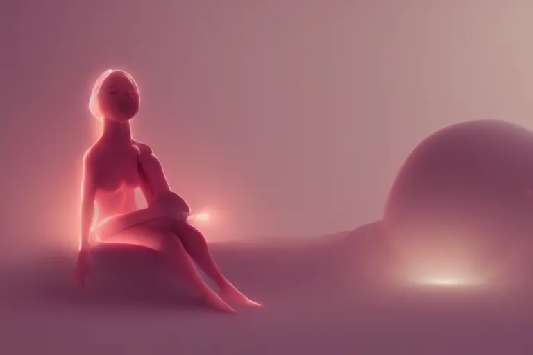 Image similar to a cute alien girl sitting on a cloud relaxing, misty, glows, blender render, hazy, foggy, red lighting, ambient lighting, 8 k,