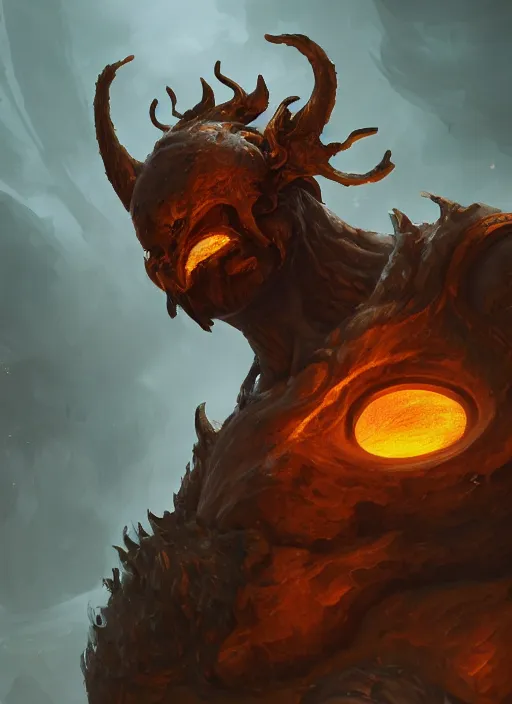 Prompt: a highly detailed illustration of worn down colossal bronze giant, with big orange glowing eyes, gentle calm doting pose, intricate, elegant, highly detailed, centered, digital painting, artstation, concept art, smooth, sharp focus, league of legends concept art, WLOP