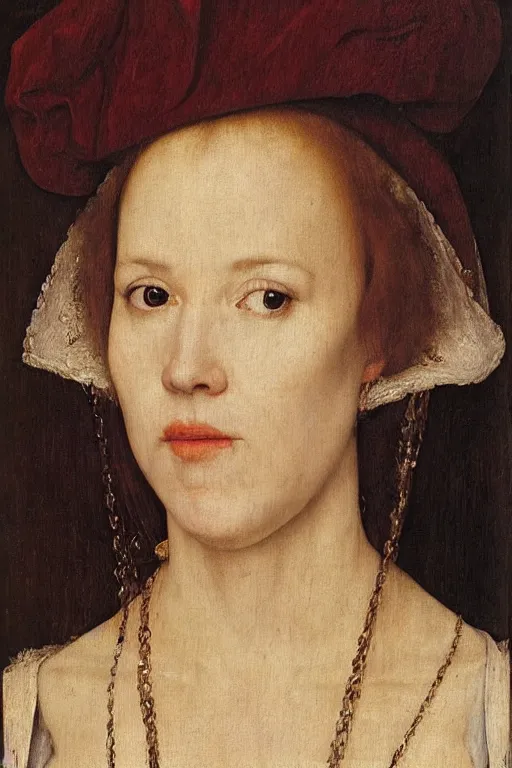 Image similar to portrait of juliette lewis, oil painting by jan van eyck, by hans holbein, northern renaissance art, old masters, alla prima, realistic, expressive emotions, intricate textures, illusionistic detail, masterpiece