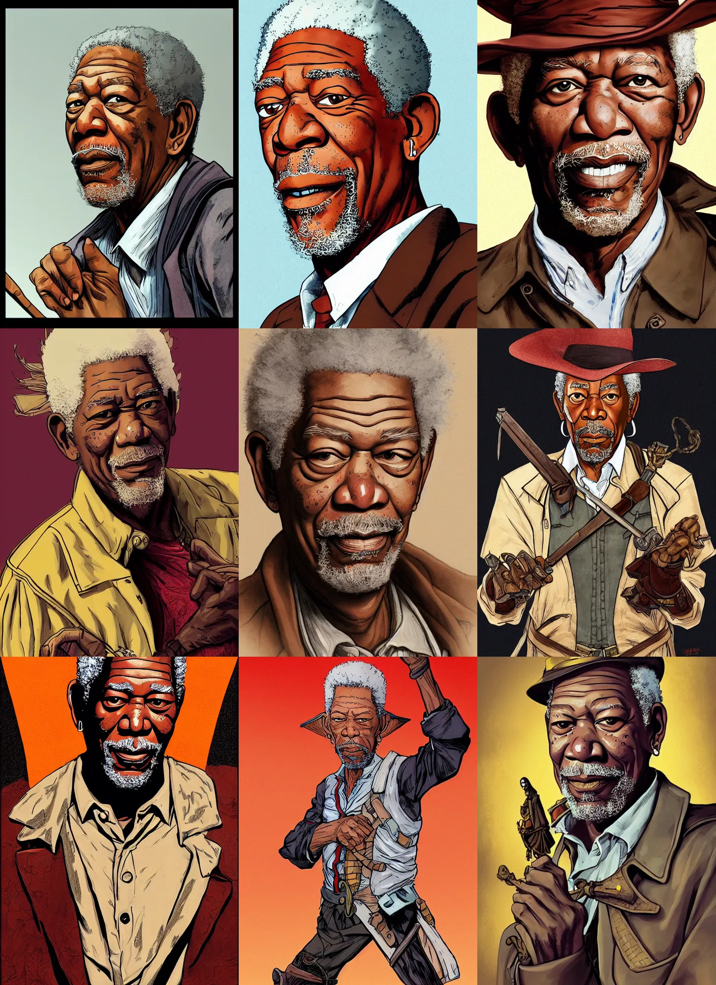 Prompt: portrait of morgan freeman as don quixote by ryan ottley and fiona staples, intricate detail, cel shading, pixiv, cinematic, artstation