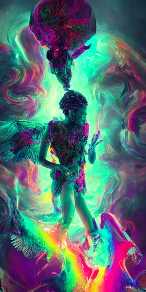 Image similar to impossibly beautiful portrait, dapper dream demon, wings, full body, bad trip, insane smile, intricate complexity, surreal horror, inverted neon rainbow drip paint, trending on art station, photoreal, 8 k, octane render by greg rutkowski