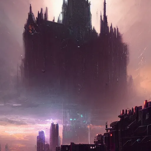 Image similar to a cyberpunk setting, dramatic light, castle background, clouds, moon, storm, night, high detail, fantasy background, painted by greg rutkowski, digital art, trending on artstation