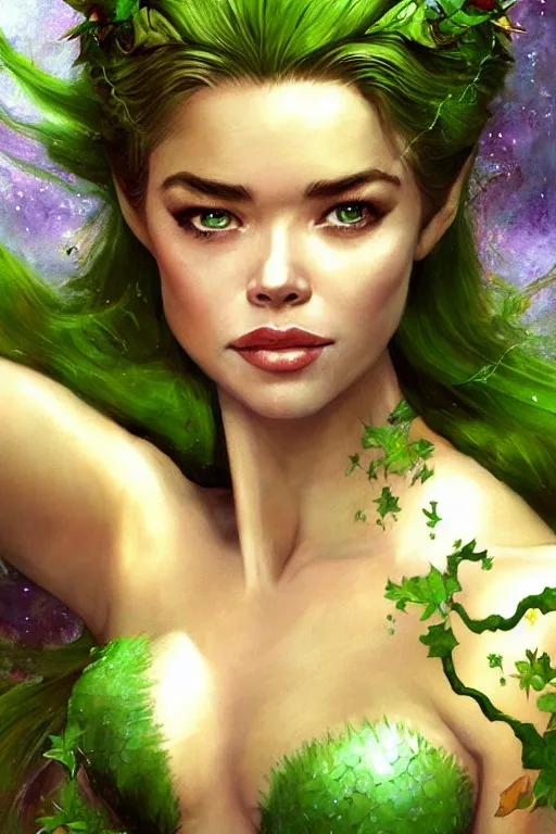 Prompt: portrait of a young denise richards as titania, summer queen. faerie queen. queen of light, green, poison ivy, made by caravaggio stanley artgerm lau wlop rossdraws artstation cgsociety concept art cgsociety octane render