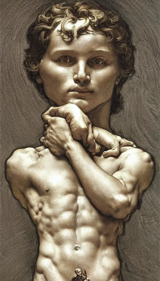 Image similar to Michelangelo\'s David, highly detailed, digital painting, artstation, concept art, smooth, sharp focus, illustration, ArtStation, art by artgerm and greg rutkowski and alphonse mucha and J. C. Leyendecker and Edmund Blair Leighton and Katsuhiro Otomo and Geof Darrow and Phil hale and Ashley wood and Ilya repin and Charlie Bowater