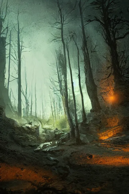 Prompt: an old mine entrances lit by toches in an ancient old forrest at night, eeire mood, Dynamic lighting, cinematic, establishing shot, extremely high detail, photo realistic, cinematic lighting, , post processed denoised, concept design, concept art, artstation, matte painting, midjourney, style by alex ross, raphael lacoste, eddie mendoza