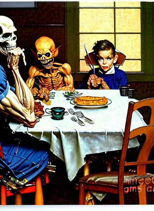 Image similar to a realistic painting of skeletor sitting at the breakfast table by norman rockwell, americana, high quality