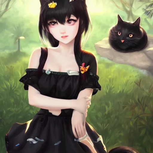 Image similar to realistic beautiful gorgeous natural cute fantasy girl black hair cute black cat ears beautiful eyes in maid dress outfit art drawn full HD 4K highest quality in artstyle by professional artists WLOP, Taejune Kim, JeonSeok Lee, ArtGerm, Ross draws, Zeronis, Chengwei Pan on Artstation