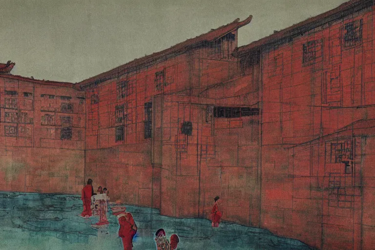 Image similar to a chinese prison near a river by peter doig, overlaid with chinese adverts