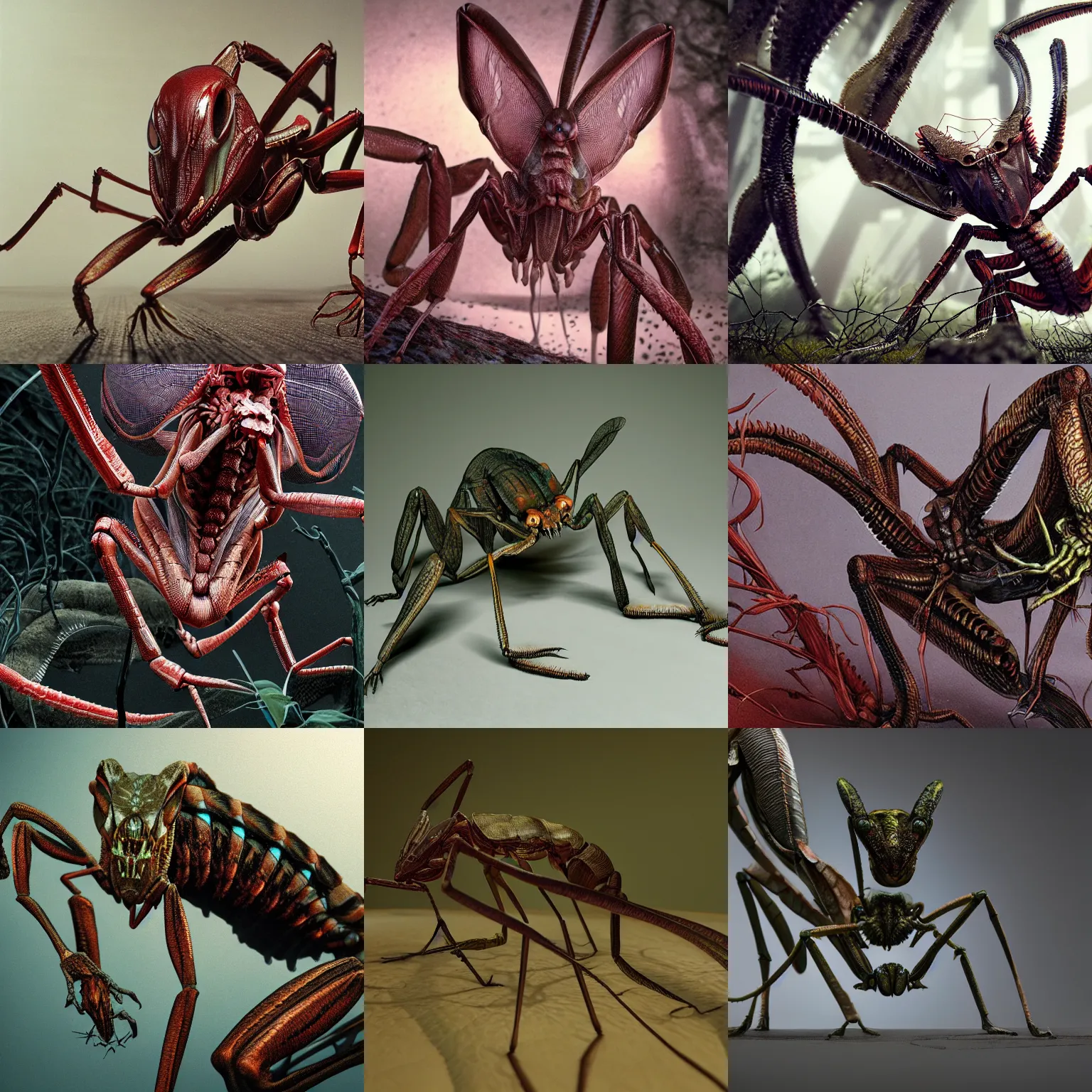 Prompt: beautifully hyperrealistic cinestill octane render of creepy predatory mantis, brown exoskeleton, flat triangular head, yasushi nirasawa, hiroya oku, junji ito