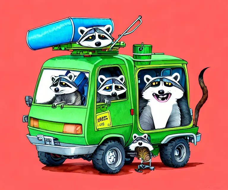 Image similar to cute and funny, racoon wearing goggles driving a tiny garbage truck, ratfink style by ed roth, centered award winning watercolor pen illustration, isometric illustration by chihiro iwasaki, edited by craola, tiny details by artgerm and watercolor girl, symmetrically isometrically centered