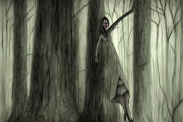 Image similar to mad girl wandering the woods artwork by ben templesmith