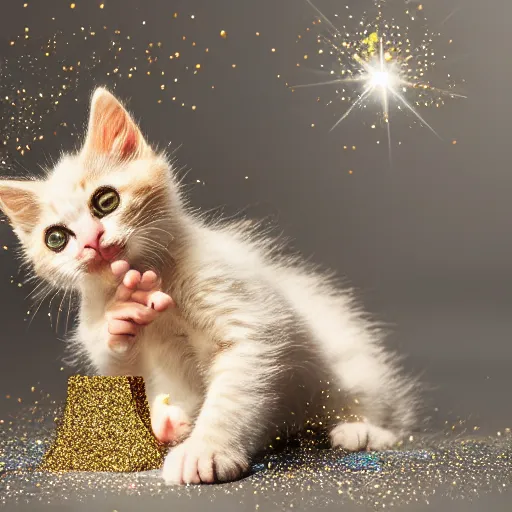 Image similar to kitten bathing itself with a glitter explosion, 8k,award winning photo