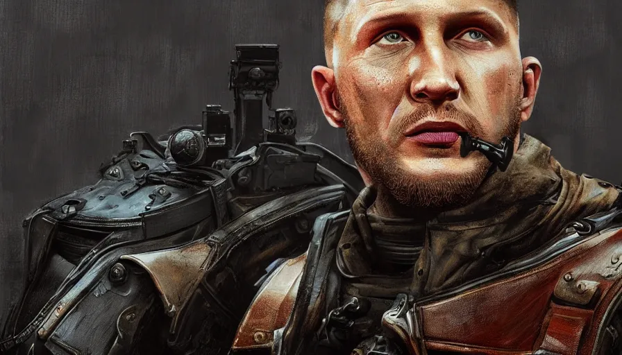 Prompt: Digital painting of Tom Hardy as William Blazkowicz from Wolfenstein, hyperdetailed, artstation, cgsociety, 8k