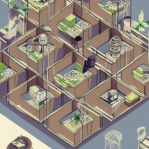 Image similar to cannabis coffee and cake cafe isometric axonometric fun 3 d cartoon, beautiful composition structure by anni albers and felice casorati