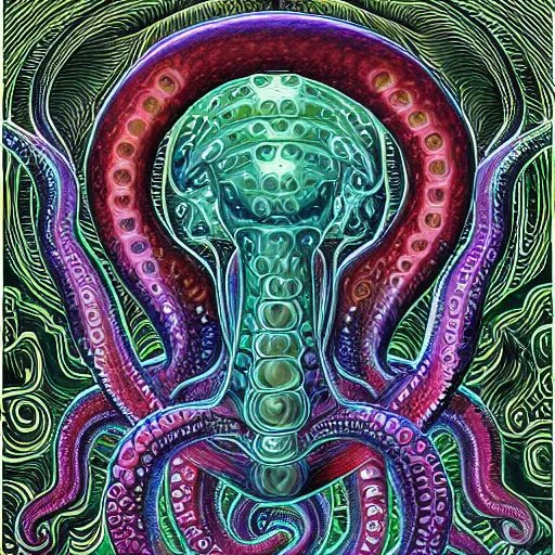 Prompt: strange bestiary of repressed unconscious cephalopod chimeras by Alex grey