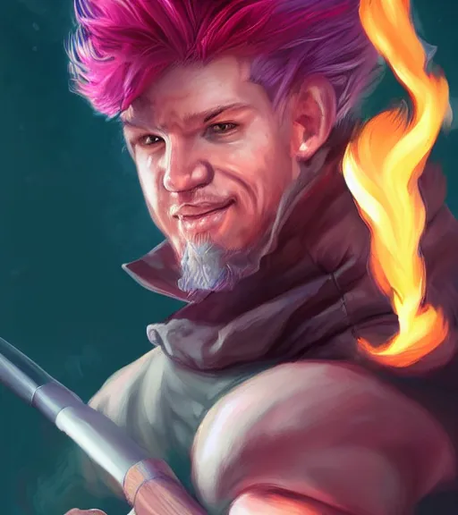 Image similar to portrait of'tomba!'with pink hair, holding a hammer of fire by ross tran, artgerm and wlop
