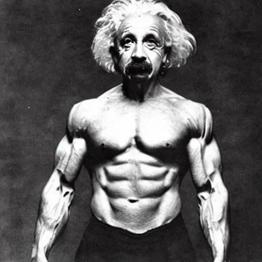 Prompt: bodybuilder albert einstein