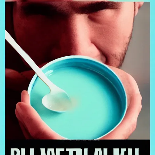 Image similar to poster of a man eating blue cyan soup from a wooden bowl, award winning, trending on artstation, unreal engine