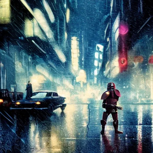 Prompt: Mandalorian in Blade Runner on a rainy city street with cars flying through the background