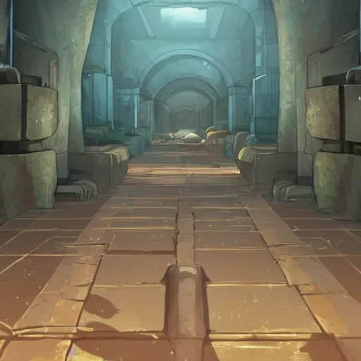 Image similar to an underground ancient temple corridor full of traps by Makoto Shinkai, pressure plate, tripwire, arrow trap, epic composition