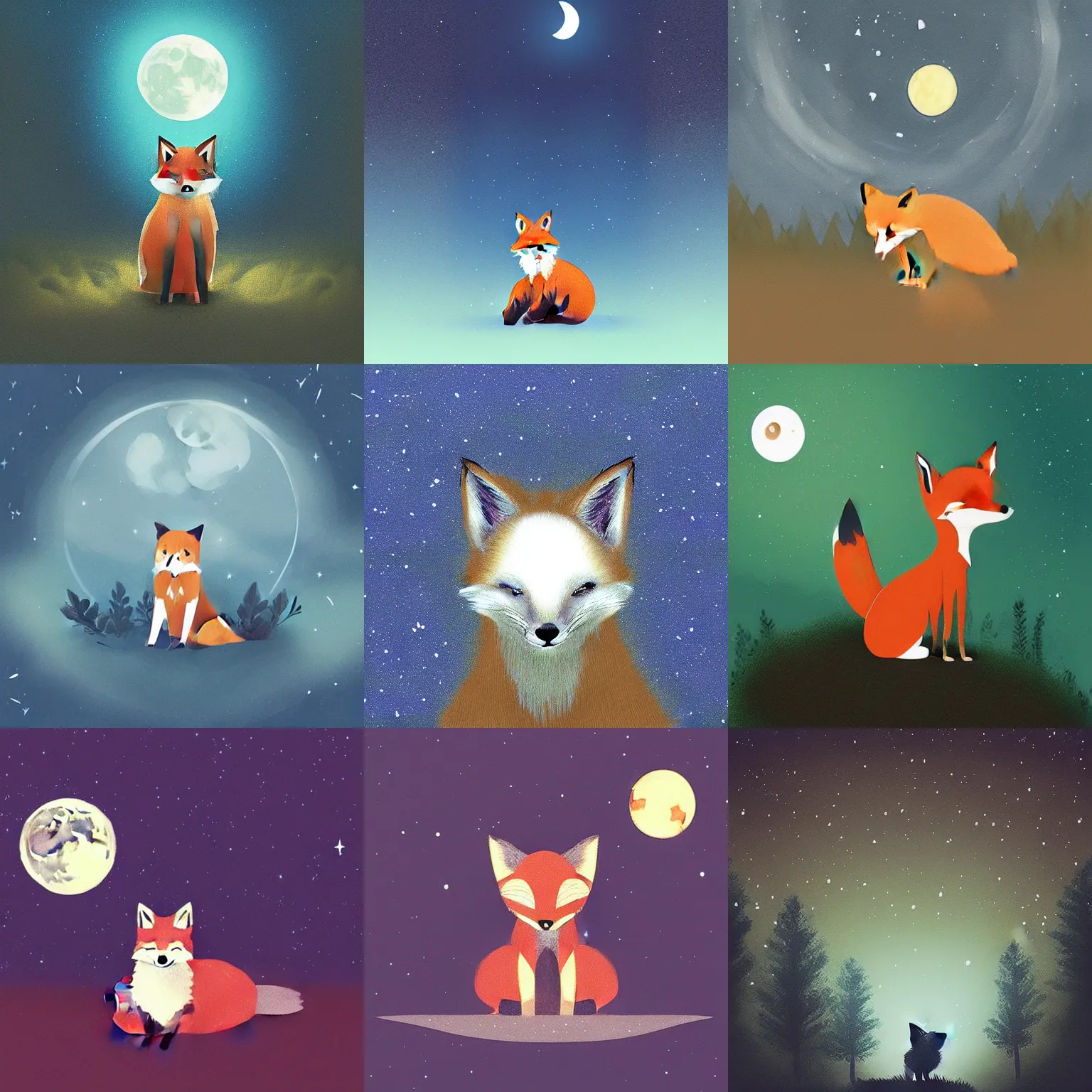 Prompt: “a fox sitting in the woods, looking up at the night sky. The moon shines brightly. digital art.”