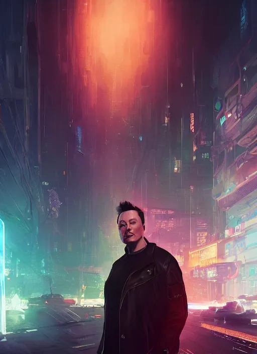 Prompt: a beautiful portrait of elon musk in cyberpunk city. character design by cory loftis, fenghua zhong, ryohei hase, ismail inceoglu and ruan jia. artstation, volumetric light, detailed, rendered in octane