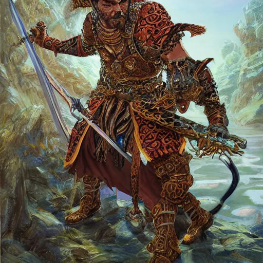 Image similar to Swordman with the head of a tiger wearing an ornate cloak as a fantasy D&D character, portrait art by Donato Giancola and James Gurney, digital art, trending on artstation