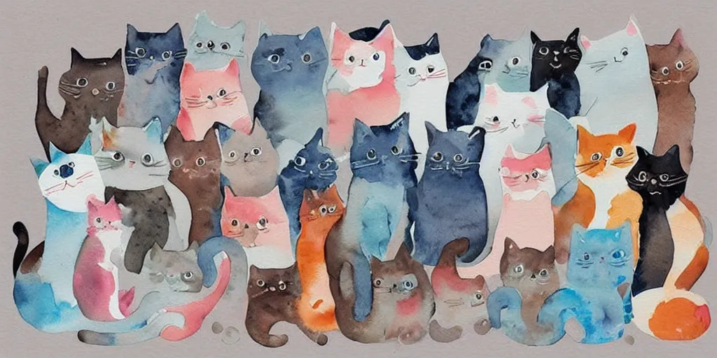 Image similar to watercolor illustration style, cute! cats!!! select different toys, inspiring art