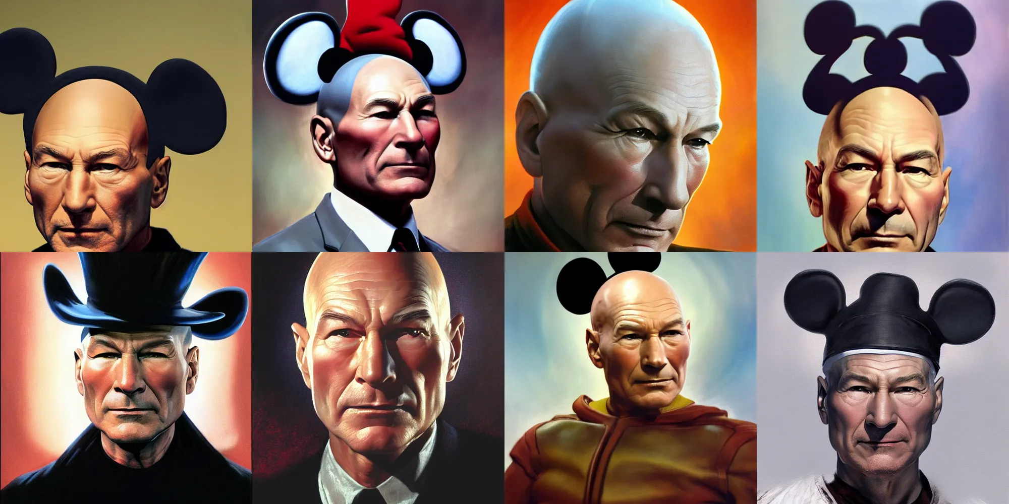 Prompt: ultra realistic medium close up painting of patrick stewart as professor x, mickey mouse ears hat on head, art by frank frazetta, 4 k, ultra realistic, highly detailed, epic lighting.