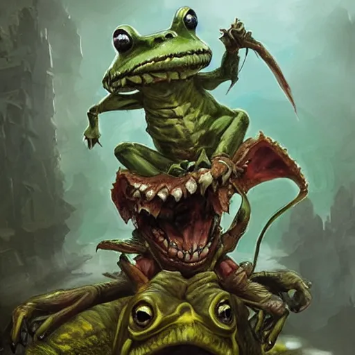 Image similar to Crazy goblin rides on a giant frog, by greg rutkowski, in the style of magic the gathering, very detailed