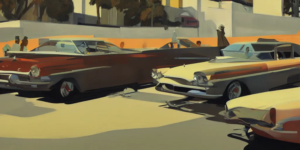 Prompt: art style by Ben Aronson and Edward Hopper and Syd Mead, wide shot view of the GTAV, on ground level.