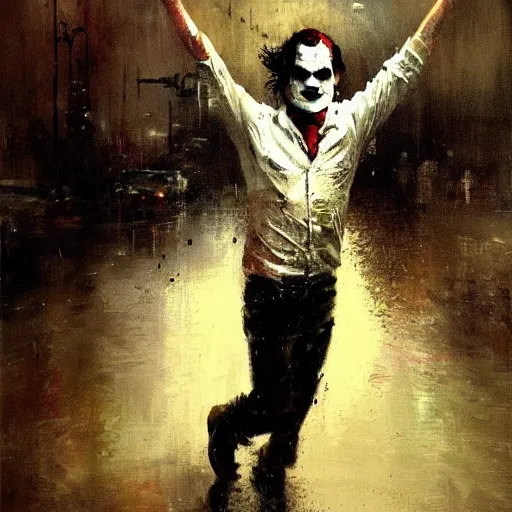 Image similar to painting of Joaquin Phoenix as the joker, dancing in the rain, by Jeremy Mann, detailed, stylized, loose brush strokes, intricate, realistic, exaggerated lighting, sense of scale, free, melancholy