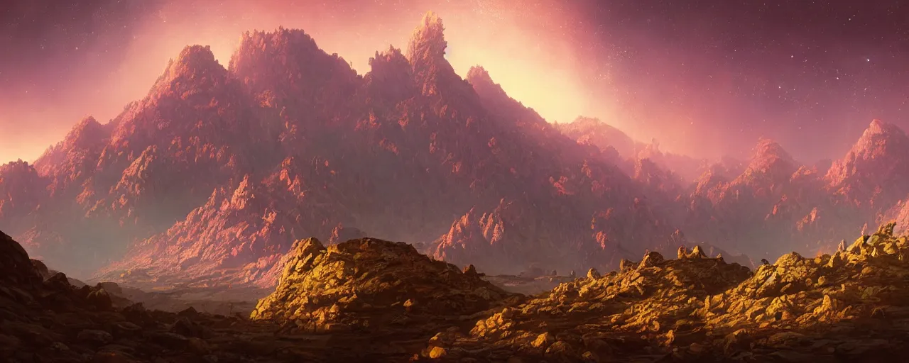 Image similar to ” outer planet with a rugged mountain range, [ art by paul lehr, cinematic, detailed, epic, widescreen, opening, establishing, mattepainting, photorealistic, realistic textures, octane render ] ”