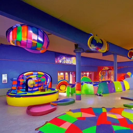 Prompt: Lowly-lit indoor playground from the 1990s, no people around
